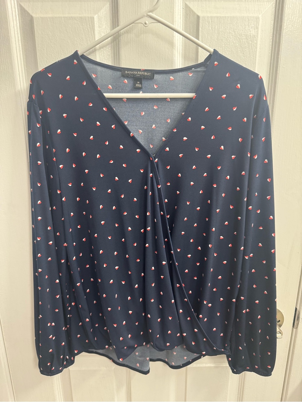 Banana Republic Navy Wrap-Front Long Sleeve Top with Red and White Heart Print